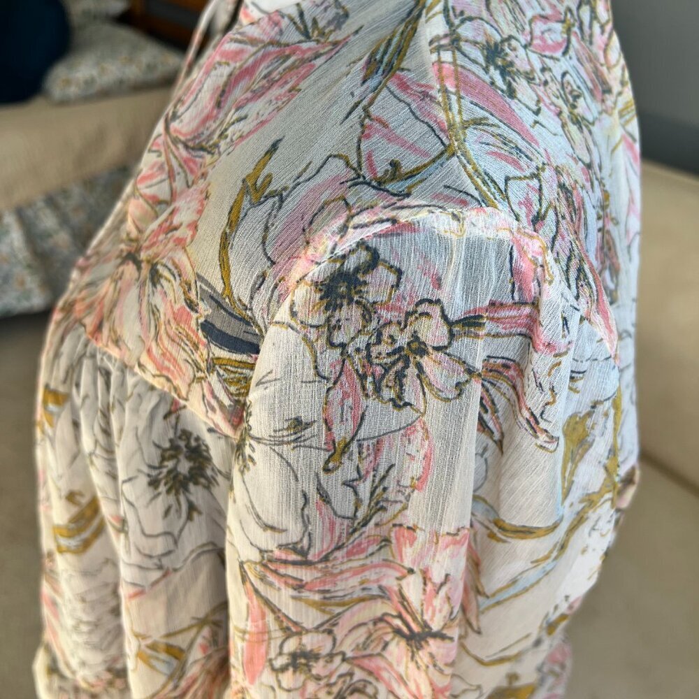 Lucky Brand White Floral Tie-Neck Peasant Blouse with Pink and Green Print - Picture 5 of 8
